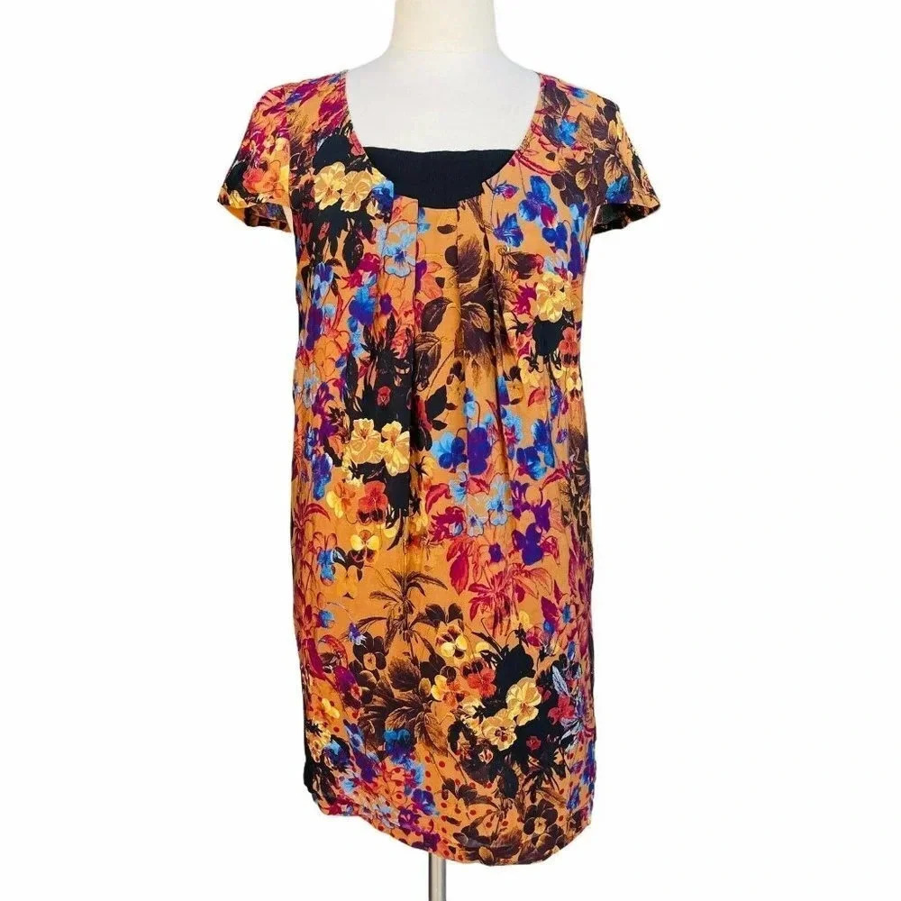 ANTHROPOLOGIE Women’s Size M Black Maeve Pintura Silk Shift Floral Motif Dress